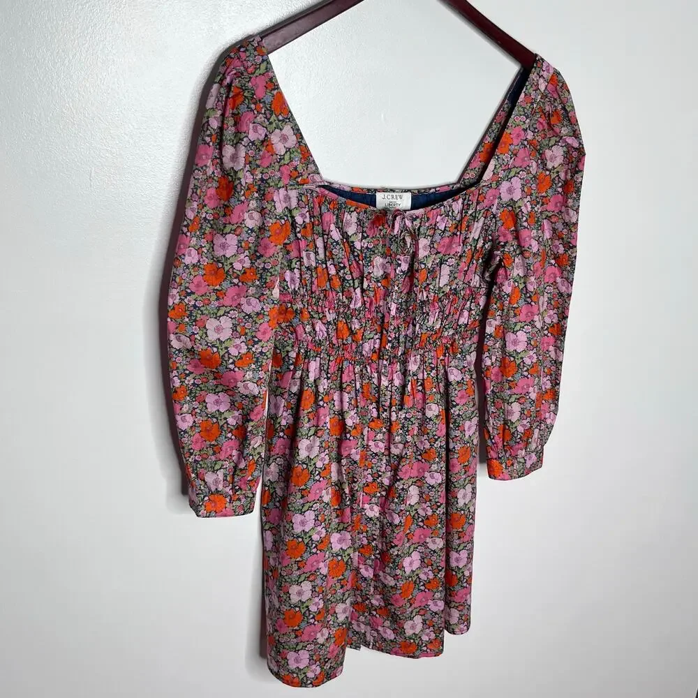 J.Crew Liberty Fabric Floral Mini Dress Size 4 Pink Cinched Waist Cottagecore